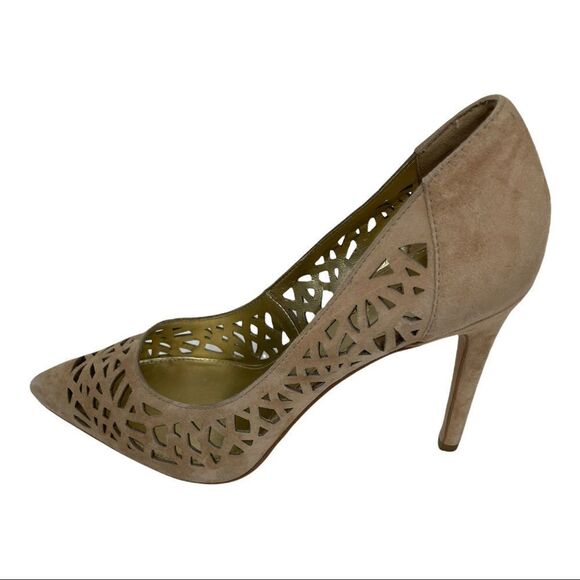 BCBG Size 9.5 Nude Tan Neutral Stiletto Heels Leather Suede Laser Cut Out - Picture 5 of 8